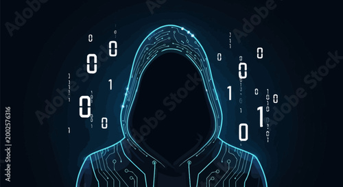 Anonymous hacker in a glowing blue hoodie surrounded by digital binary code and futuristic data streams