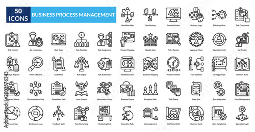 Bpm Line Icon Set. Workflow, Task, Process, Business, Efficiency, Checkpoint, Kpi