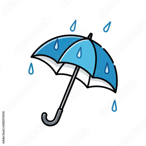 Cartoon blue umbrella with falling raindrops isolated icon.