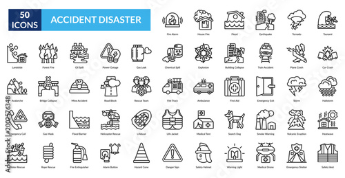 Fotografie Accident Disaster Line Icon Set