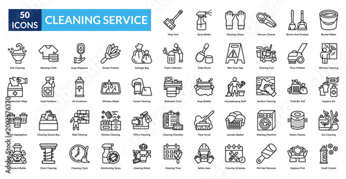 Cleaning Service Line Icon Set. Cleaning, Service, Hygiene, Sanitation, Janitor, Housekeeping, Maintenance