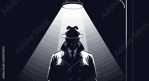 Mysterious detective in fedora and trench coat illuminated by spotlight on dark street noir film style shadowy figure