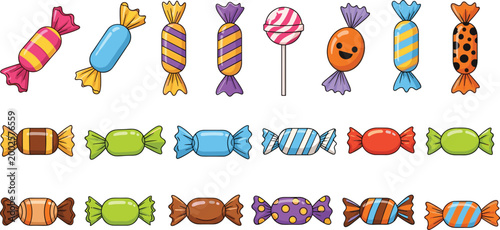 Cuadro en lienzo Colorful Candy and Sweets Set in Flat Style, Collection of Wrapped Candies and L