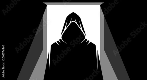 Mysterious cloaked figure emerges from bright doorway silhouette in darkness symbolizing unknown secrets and suspense