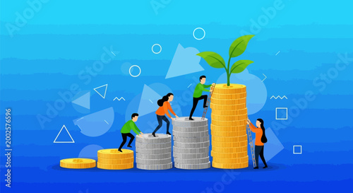 Tiny people climbing stacks of coins symbolizing financial growth and investment success with a vibrant green plant
