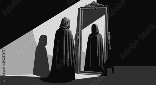 Mysterious hooded figure contemplates their reflection in an ornate mirror dramatic chiaroscuro lighting casting long
