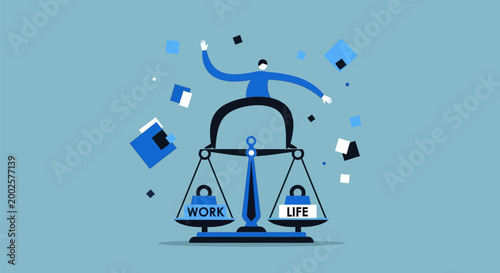 Man balancing on scales with 'work' and 'life' weights representing work life balance and harmony abstract floating