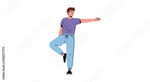 A young man performs a balancing yoga pose in this creative flat vector illustration