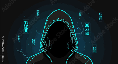Anonymous hacker in a digital cyberspace cloaked in shadows surrounded by glowing binary code and data streams