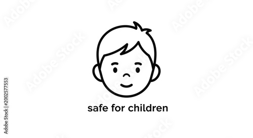 Simple black and white line art icon showing a smiling boy face with the text safe for children written below it.