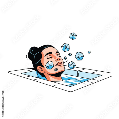 Stylized illustration of a person relaxing in a bathtub with ice-like geometric shapes, suggesting a refreshing or therapeutic cold bath experience.