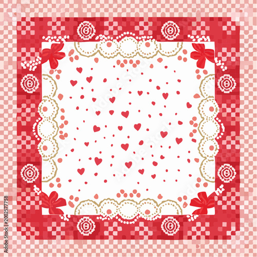 Stylish and cute background decoration illustration with red, checkered pattern, and lace. Frame. Girly pixel art.