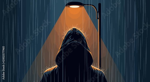 Mysterious figure in hooded jacket stands under illuminated street lamp during heavy rain dramatic lighting dark