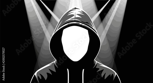 Mysterious hooded figure with blank white face illuminated by dramatic spotlights from above symbolizing anonymity