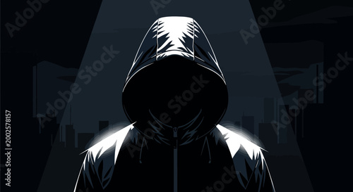 Mysterious hooded figure with obscured face emerges from darkness casting a menacing shadow against a stylized city