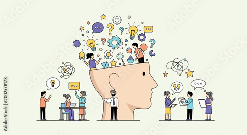 Conceptual illustration of human mind brainstorming ideas teamwork and problem solving with tiny people interacting
