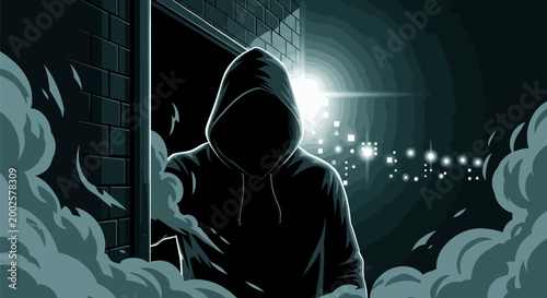 Mysterious hooded figure emerges from shadowy doorway into abstract digital vortex conveying themes of anonymity danger