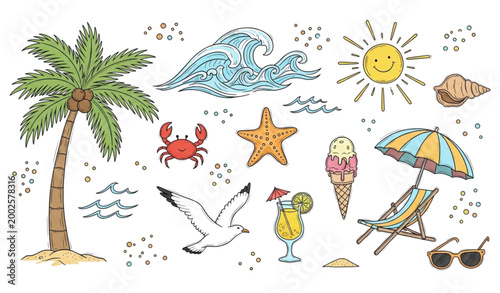 A vibrant summer beach scene illustration featuring tropical elements sunshine and seaside accessories for relaxation and fun