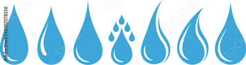 Collection of stylized blue water drop illustrations with varying shapes