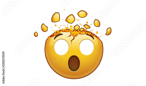 A surprised emoji face with a cracked surface and golden droplets exploding outwards conveying shock and disintegration