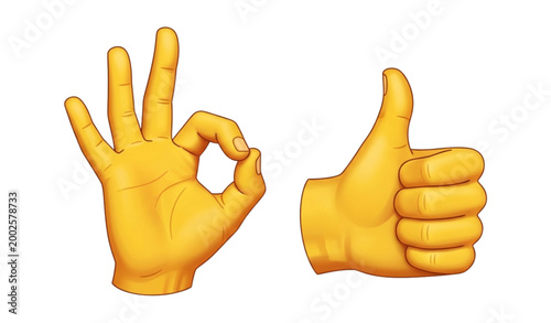 Two cartoon hands displaying positive gestures an 'ok' sign and a thumbs up representing agreement and approval