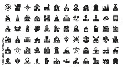 Collection of diverse building and city icons representing urban elements.