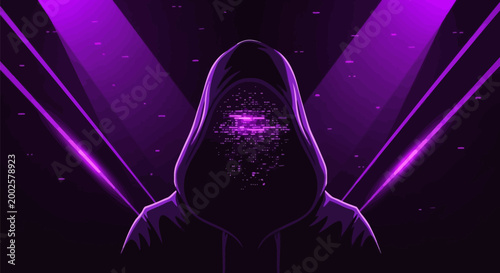 Hooded figure with purple glow and digital face in futuristic cyberpunk setting with neon lights