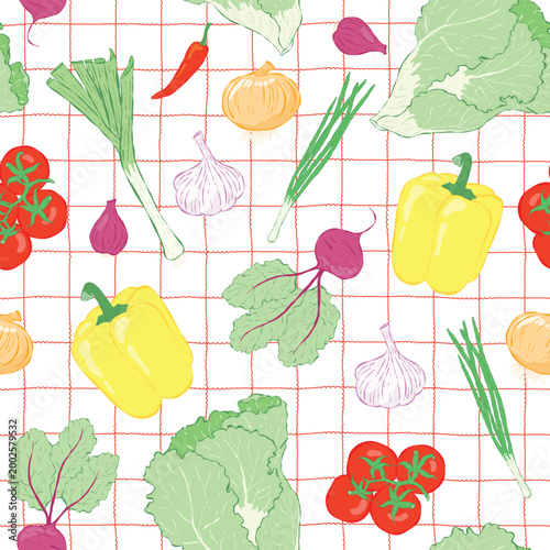 Hand Drawn Fresh Vegetables Seamless Pattern Vector Illustration