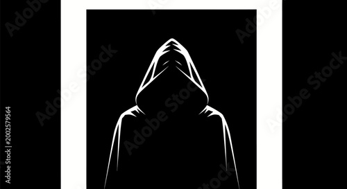 Hooded figure in white outline against black background with mysterious and ominous presence