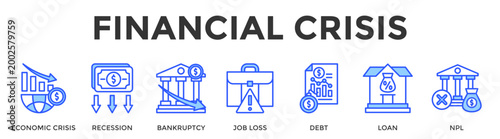 Financial Crisis  Banner Web  Icon Set Collection Pack Vector Illustration Concept Containing Economic Crisis, Recession, Bankruptcy, Job Loss, Debt, Loan, Npl
