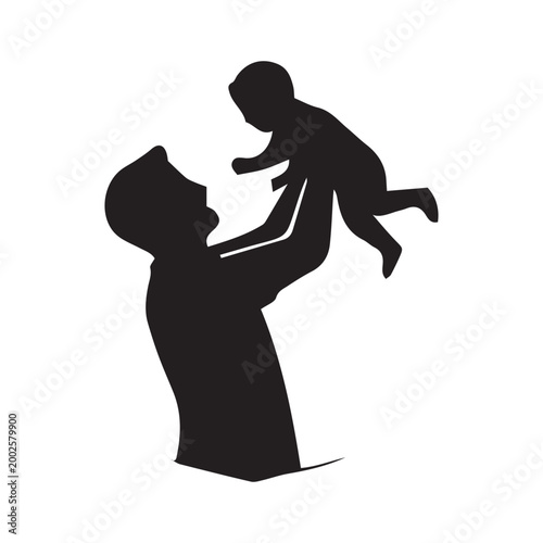 Father lifting baby silhouette vector. Minimalist black and white icon for happy parenting, fatherhood celebration, family bonding, and pure love.