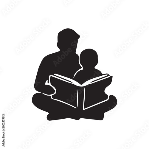 Father and son reading book silhouette. Minimalist vector icon for parenting, early education, storytelling, family bonding, and learning at home.