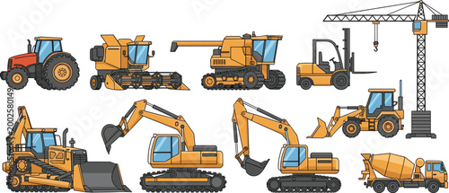 Outline Style Heavy Construction and Farm Machinery Set with Excavator Bulldozer Crane Harvester and Cement Mixer Vector Illustration