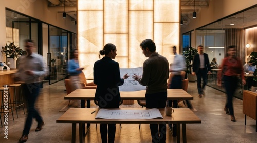 Two architects discussing blueprints at a wooden desk in a busy modern office with motion blurred coworkers walking by