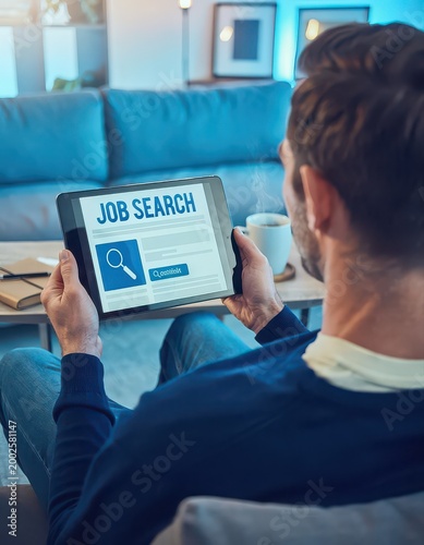Young man using smartphone to search for job opportunities with word JOB on mobile screen.