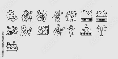 icon set collection of jazz music elements including vocalists, saxophonists, grand pianos, vinyl players, and people enjoying music at home.