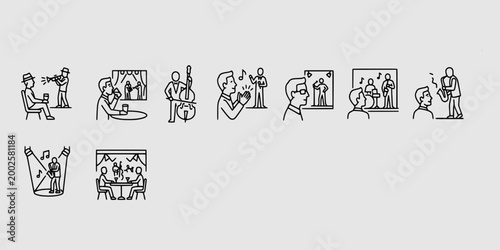 Photography icon set collection of jazz club scenes featuring musicians performing on stage, people drinking at tables, and live musical entertainment