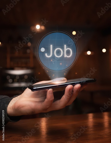 Young man using smartphone to search for job opportunities with word JOB on mobile screen.