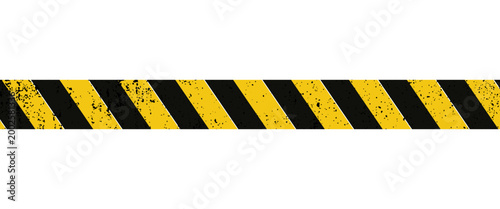 Warning tape with yellow and black diagonal stripes. Warn stop seamless line. Yellow and black caution tape border eps 10