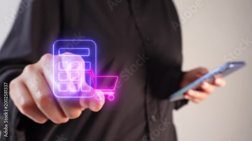 Cost control in purchasing. A businesswoman holding a smartphone while pointing forward at a virtual calculator icon with a shopping cart.