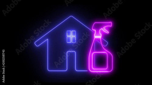 Neon light effect animation of a house icon next to a spray bottle. The concept of cleanliness and hygiene shines brightly. Perfect for home care and eco-friendly living.