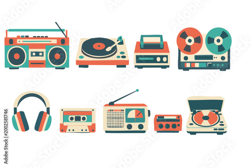 Set of Retro Vintage Audio Equipment Icons and Music Players Flat Illustration