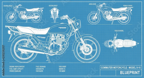 Motorcycle blueprint technical drawing schematic design.