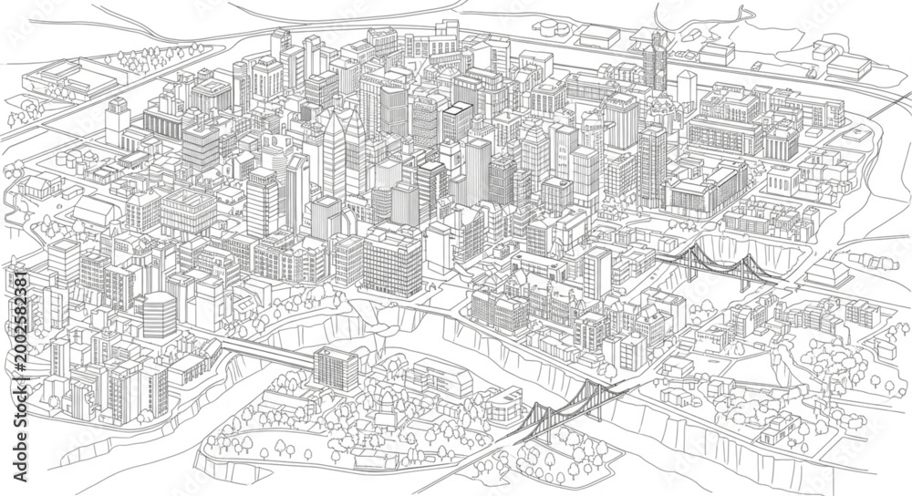 Obraz premium Detailed sketch of a dense urban cityscape with many buildings.