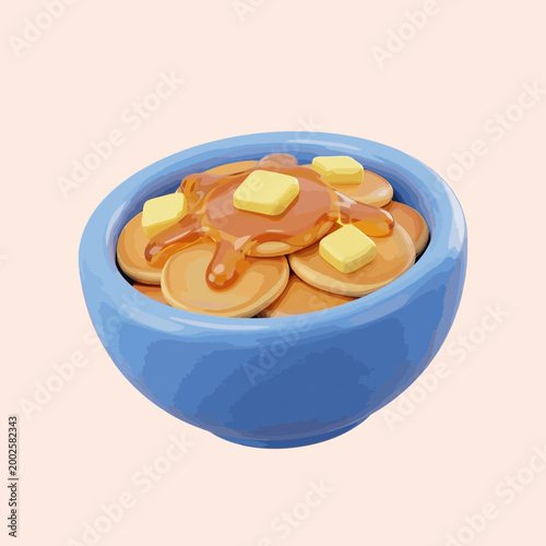 Delicious mini pancakes in a blue bowl, drizzled with golden syrup and topped with melting butter cubes, a delightful breakfast treat