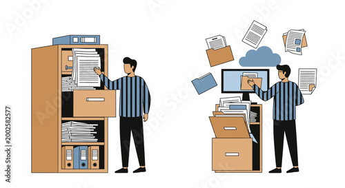 Modern illustration of office worker organizing documents and files in cabinet and digital cloud storage concept