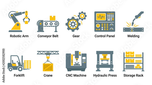 Graphic illustration of various industrial machines and tools on a clean white background