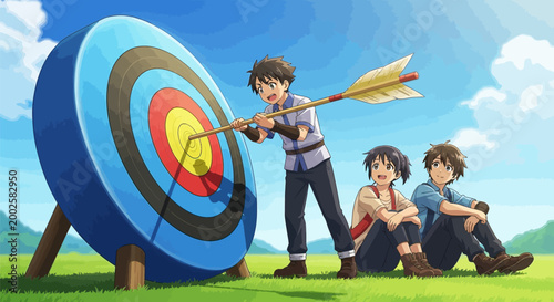 Young boy aims arrow at large target while friends watch outdoor archery practice on sunny day