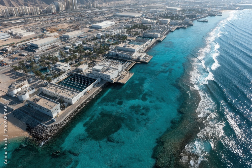 Fototapeta premium Aerial view of coastal industrial facility and turquoise waters