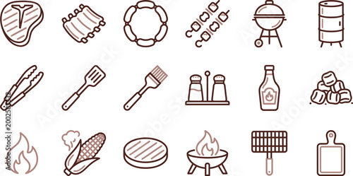 Collection of thin line icons representing barbecue food equipment tools and cooking items for summer outdoor meals